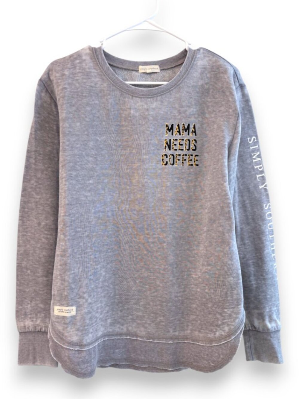 Simply Southern Mama Needs Coffee Leopard Gray Crewneck Mom Sweatshirt Medium